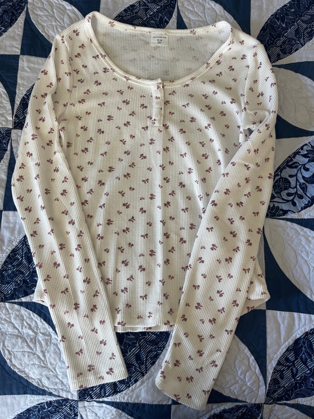 abercrombie kids Cream Long Sleeve Henley Tee with Pink Floral Print